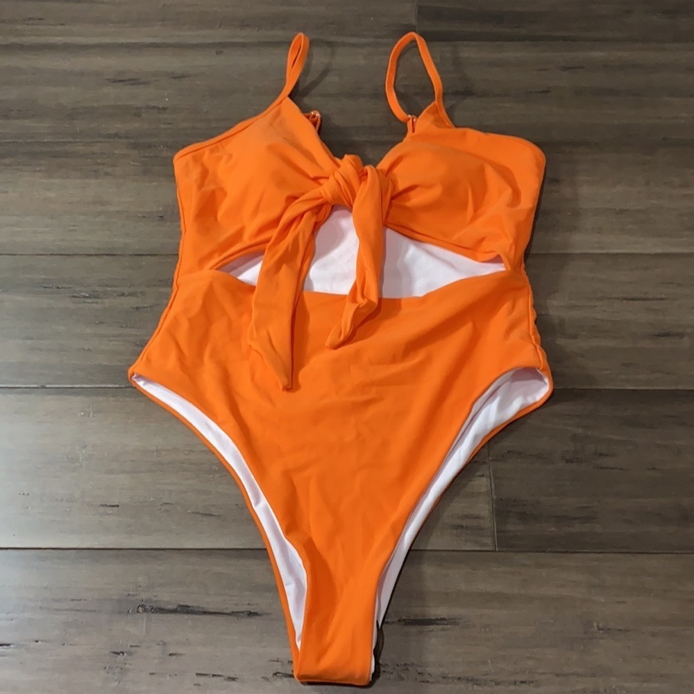 5 for $25 Shein onepiece orange swimsuit tie front cut out front - Picture 1 of 7
